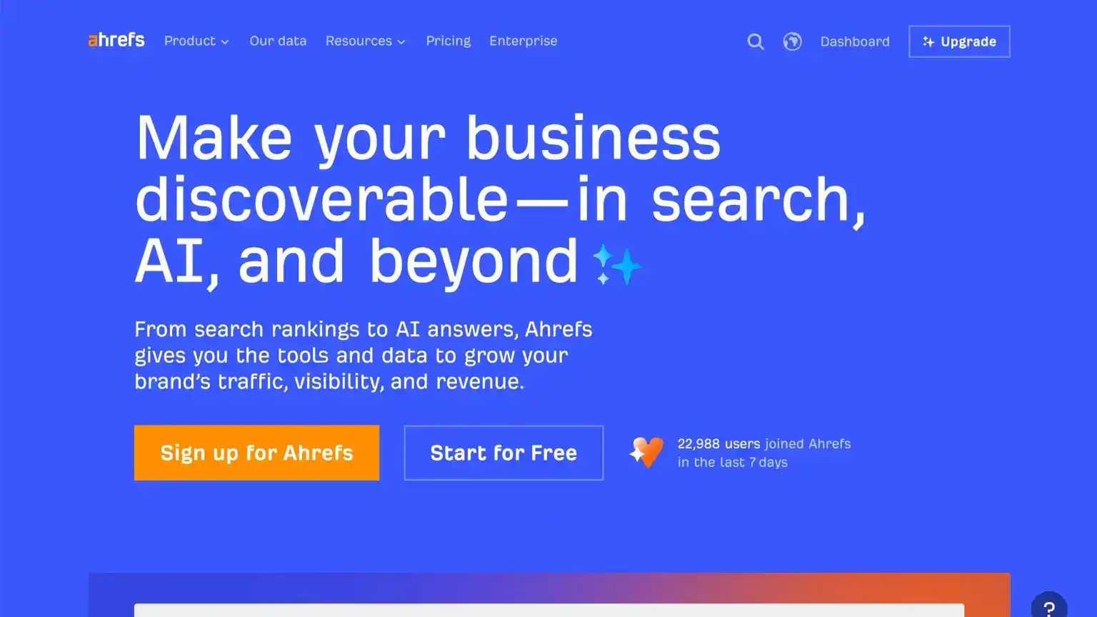 Ahrefs.com marketing homepage with product lineup for search marketing, site audit, and AI visibility features
