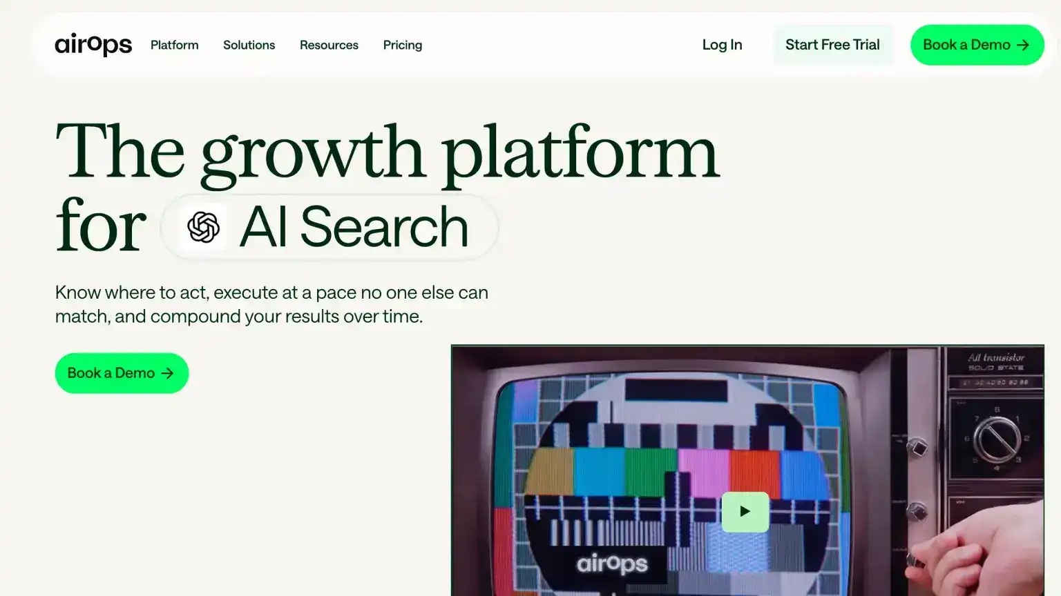 AirOps marketing homepage with plans and messaging for scaling AI content processes and search visibility