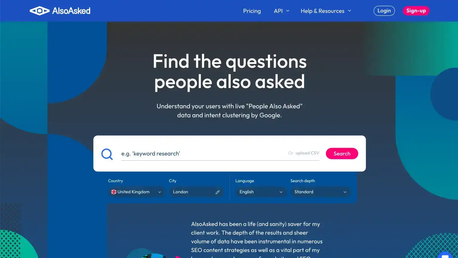 AlsoAsked homepage explaining People Also Ask research, exports, and plans for bloggers and SEO specialists