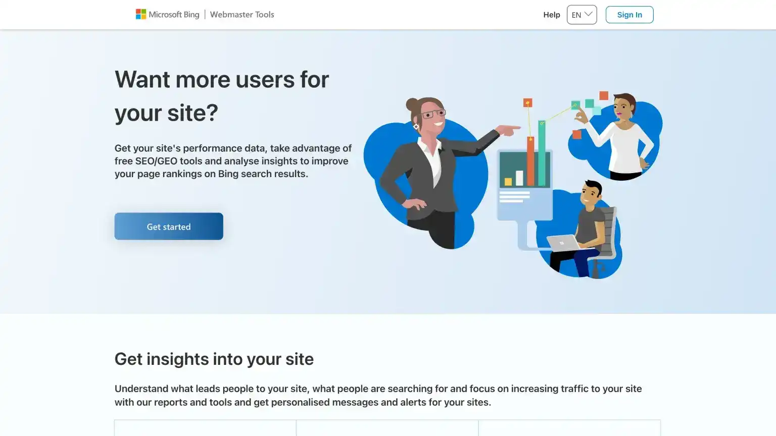 Bing Webmaster Tools marketing page describing site setup, search performance reporting, and indexing for Bing