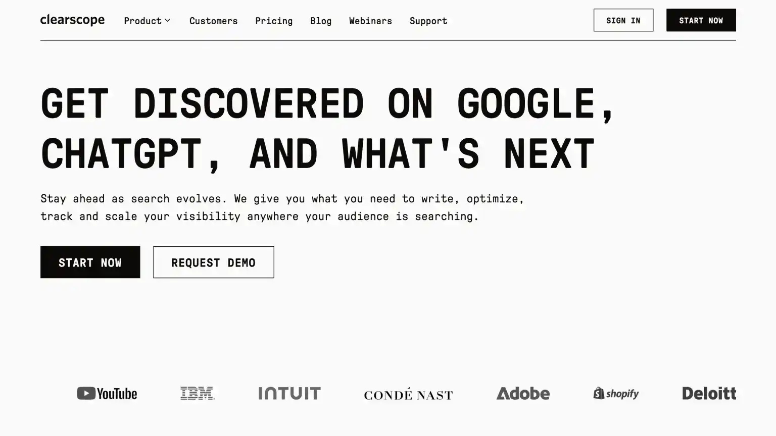 Clearscope marketing homepage outlining Discover, Write, Optimize, and AI search visibility for content teams
