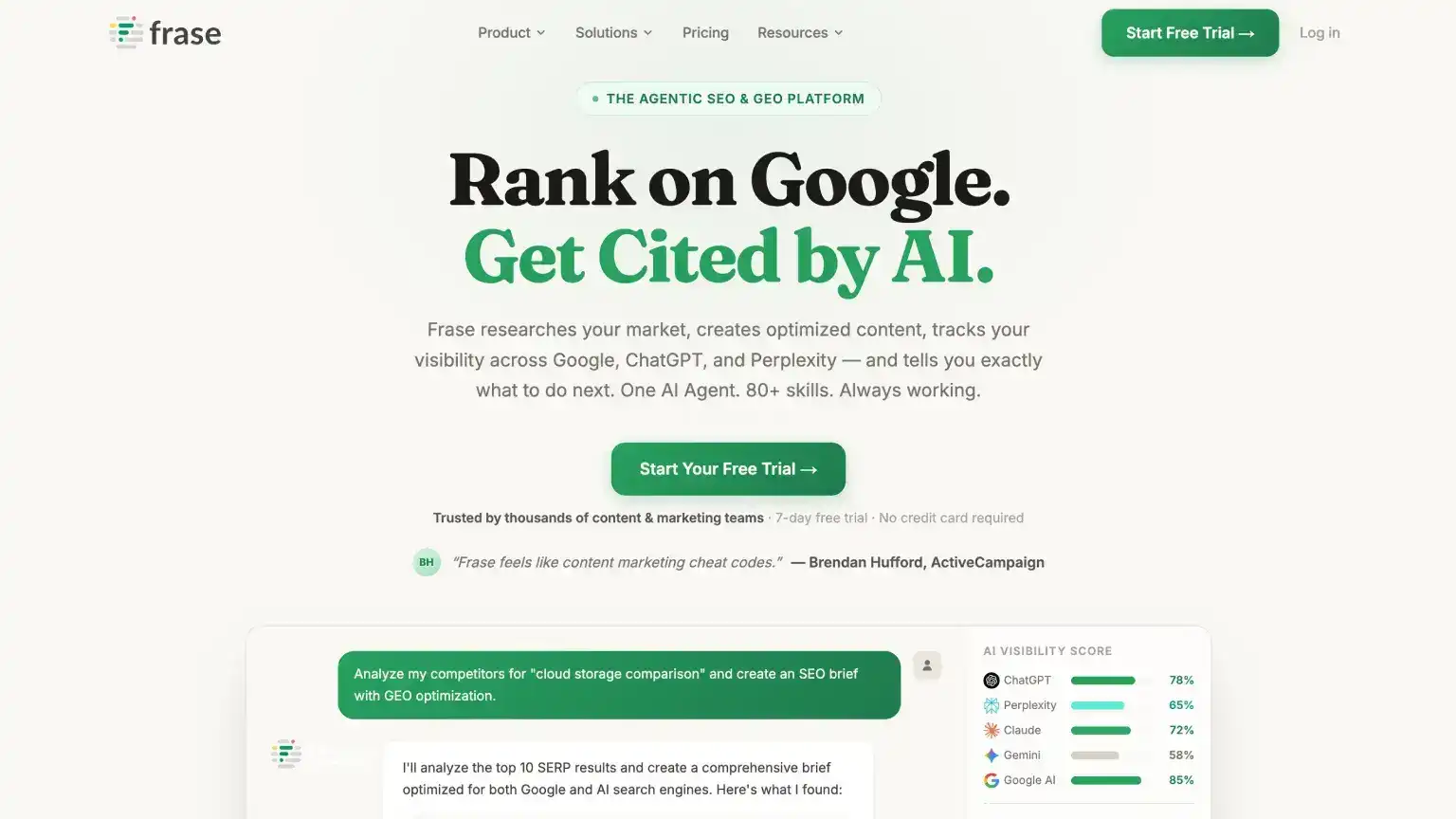 Frase.io homepage hero for AI SEO research, content optimization, and AI visibility messaging
