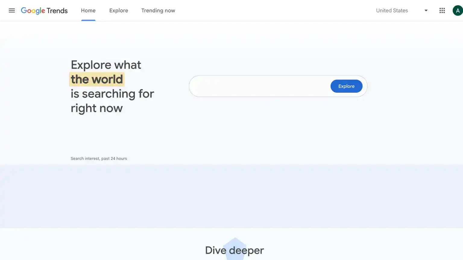 Google Trends homepage or explore view for comparing search interest over time, region, and related topics