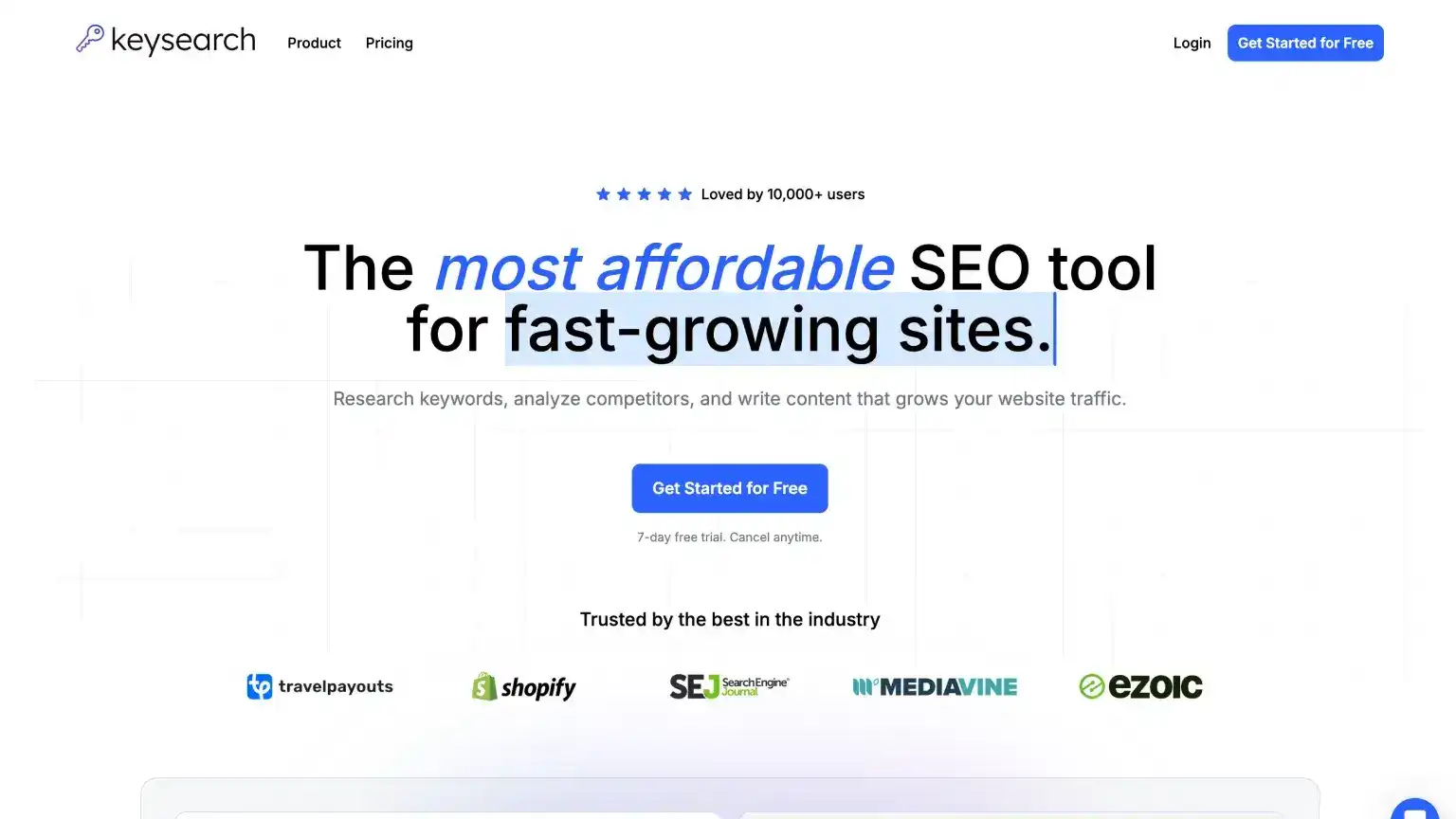 Keysearch homepage hero for affordable keyword research, competitor analysis, rank tracking, and site audits