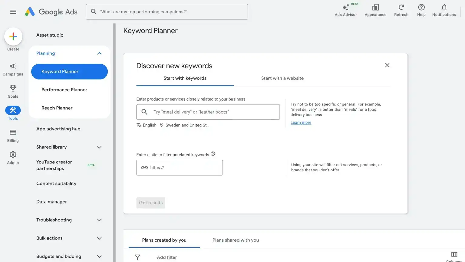 Google Ads Keyword Planner landing experience for discovering keywords, volume ranges, and CPC estimates