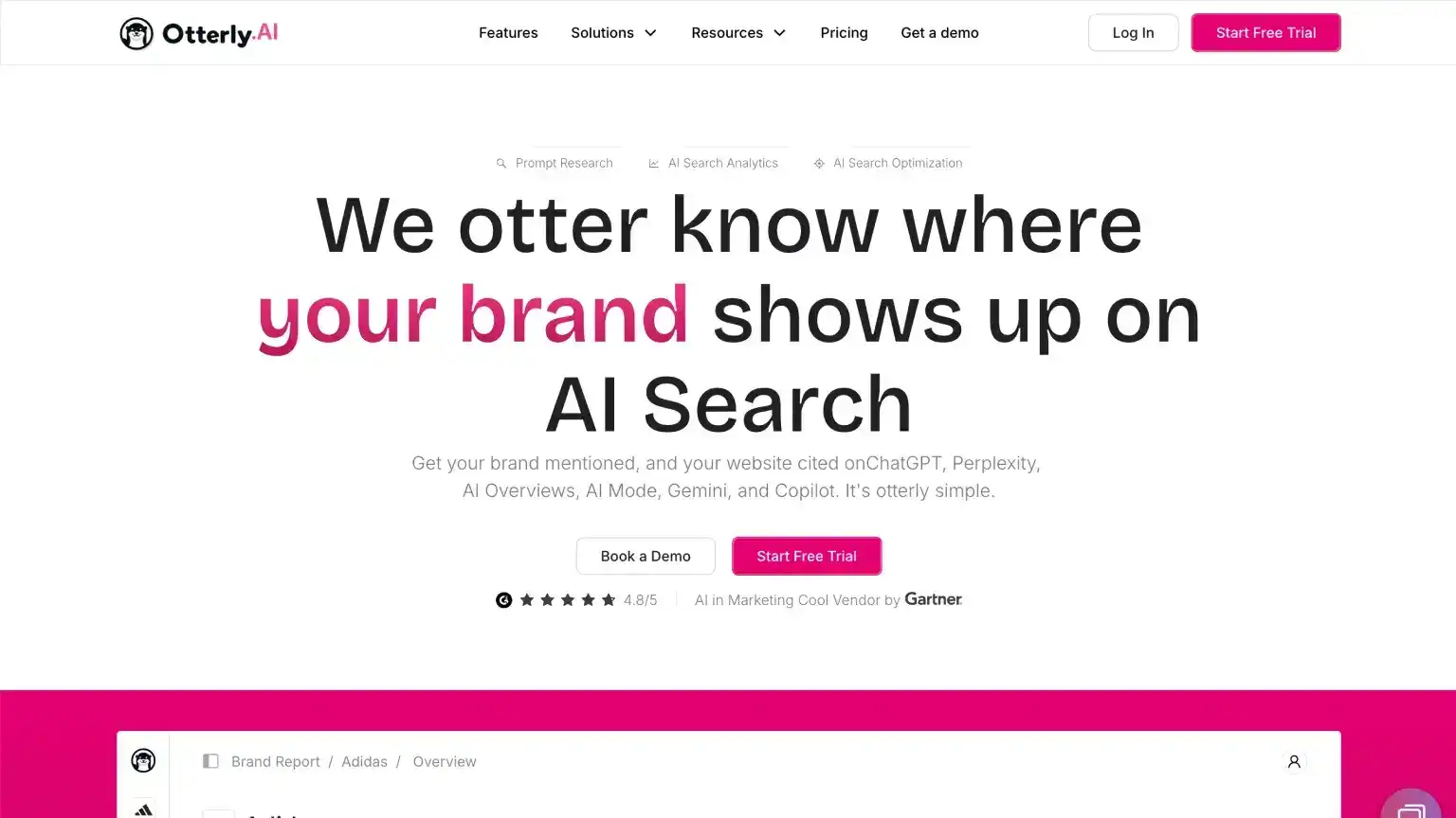 Otterly AI homepage describing AI visibility tracking, AI search monitoring, and pricing for marketers and agencies