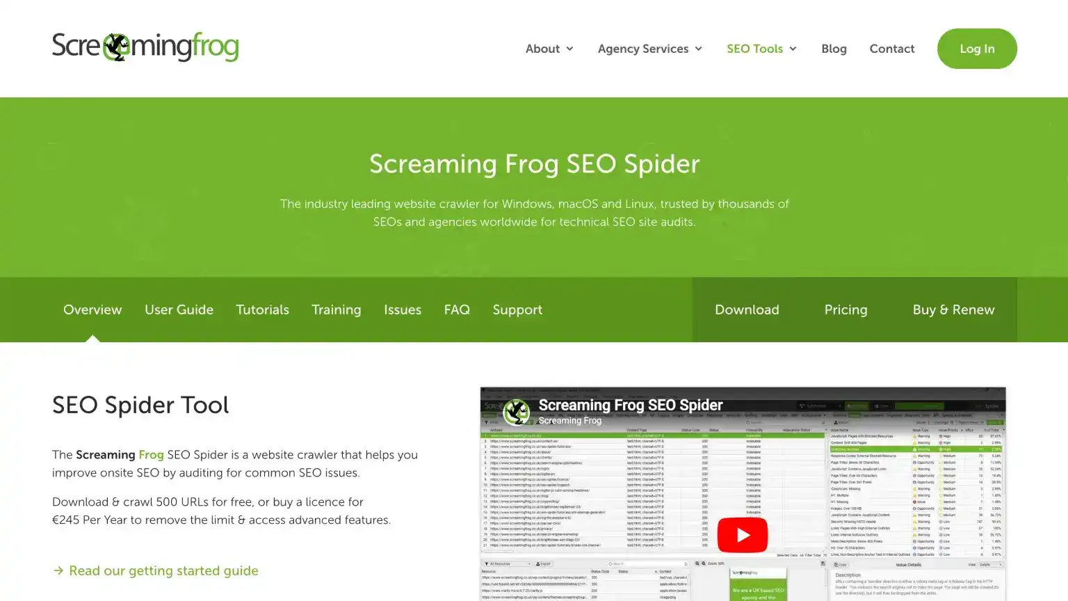 Screaming Frog SEO Spider homepage with download, free crawl limits, and paid license details for site audits