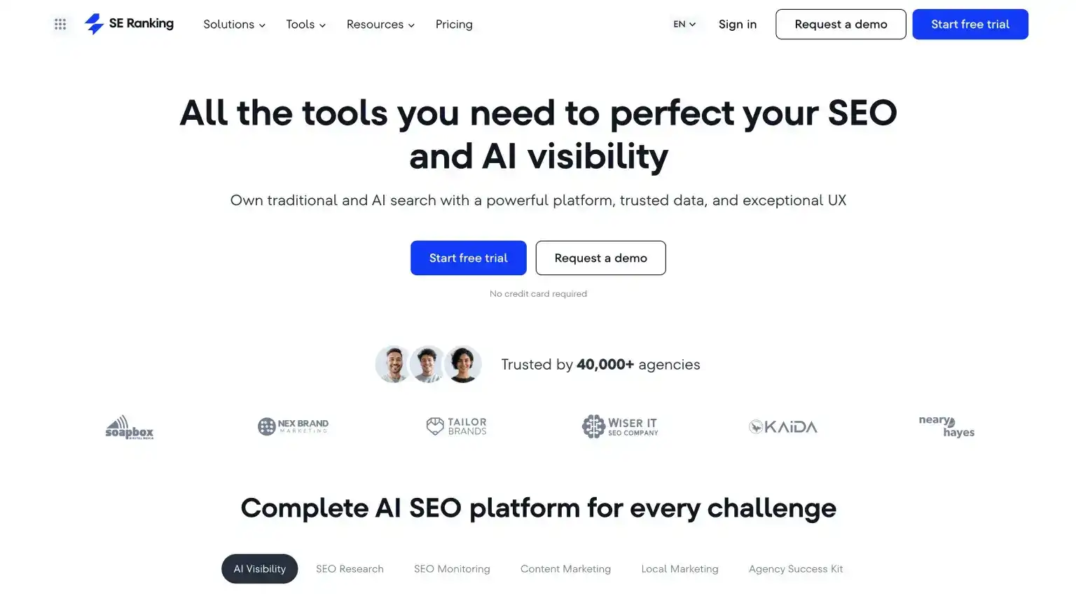 SE Ranking homepage hero highlighting AI SEO, AI visibility tracking, and platform plans for marketing teams