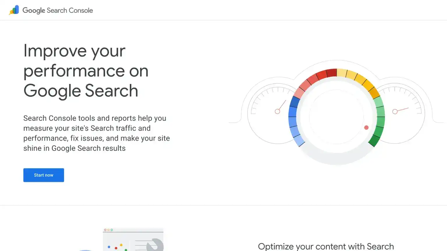 Google Search Console product page with overview of performance reports, indexing tools, and site verification