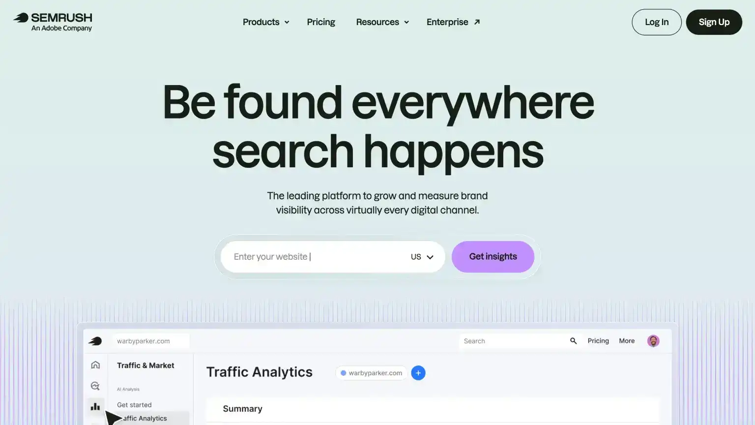 Semrush.com homepage hero and navigation promoting traditional SEO and AI search visibility