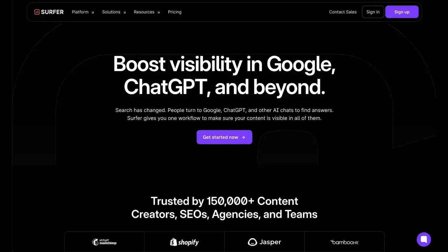 Surfer SEO homepage promoting visibility in Google, Gemini, ChatGPT, Perplexity, and content optimization tools